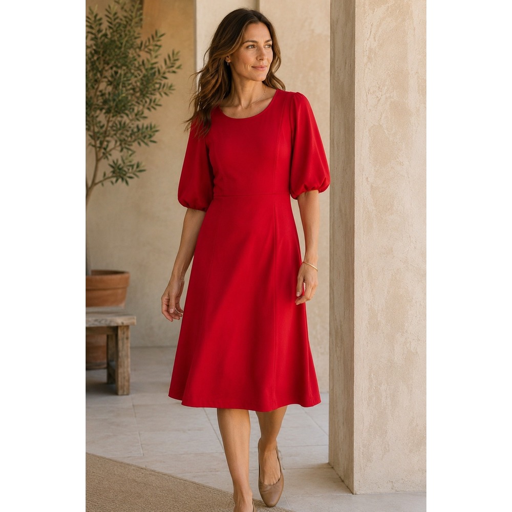 NWT J.Jill Cherry Red Ponte Knit Puff Sleeve A-Line Scoop Neck Dress Red Small